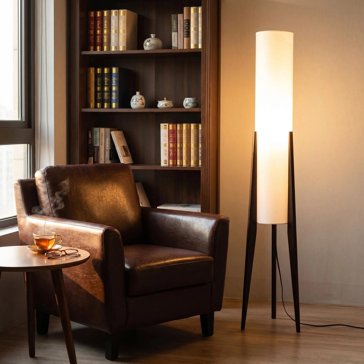 Dreibein-Stehleuchte aus Holz mit weißem zylindrischem Stoffschirm, minimalistische japanische Stehlampe für Wohnzimmer, Schlafzimmer, Wabi-Sabi-Dekor