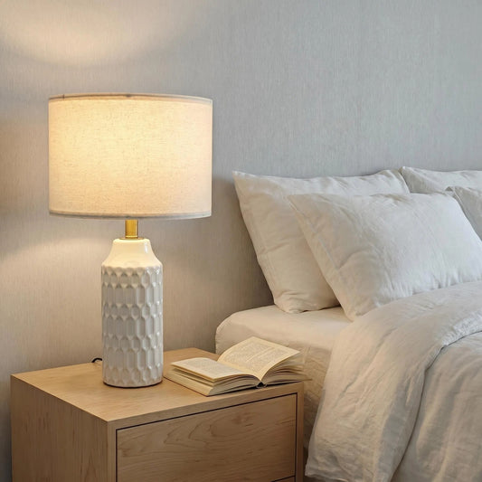 Minimalist White Honeycomb Ceramic Table Lamp, Dimmable Neutral Linen Shade Lamp for Cottage & Modern Home Decor