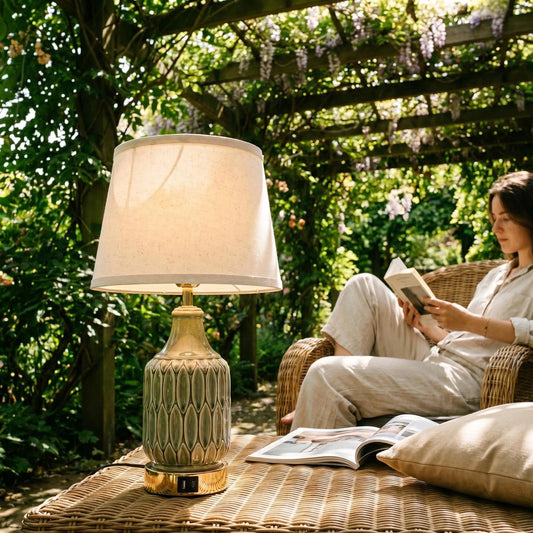 Muted Green 3D Carved Ceramic Table Lamp with Dual USB Ports, Dimmable Warm Light Lamp for Cottage & Wabi-Sabi Interior