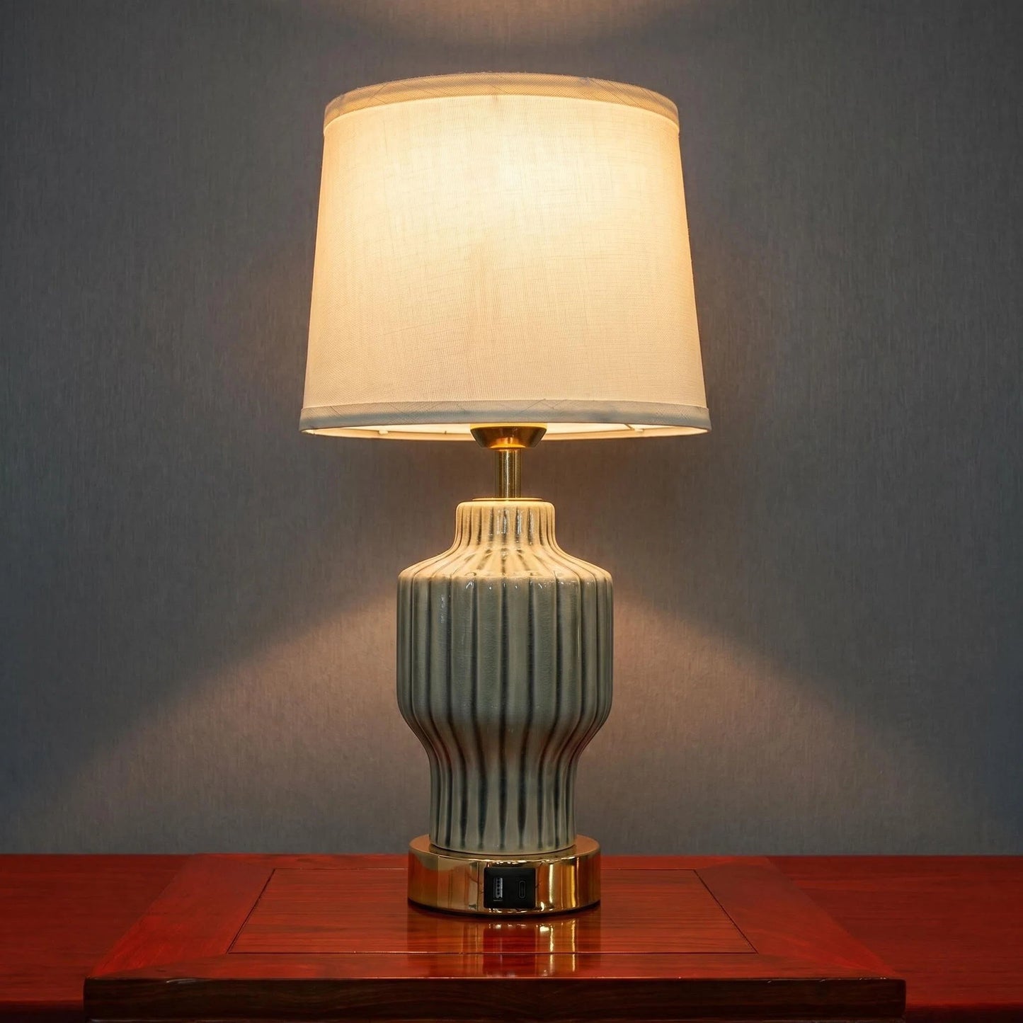 Grey Vertical Ribbed Ceramic Table Lamp with USB Charging Port, Linen Shade Modern Farmhouse Bedside Lamp for Neutral Bedroom Living Room Decor