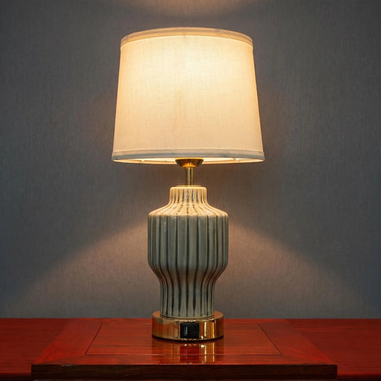 Grey Vertical Ribbed Ceramic Table Lamp with USB Charging Port, Linen Shade Modern Farmhouse Bedside Lamp for Neutral Bedroom Living Room Decor