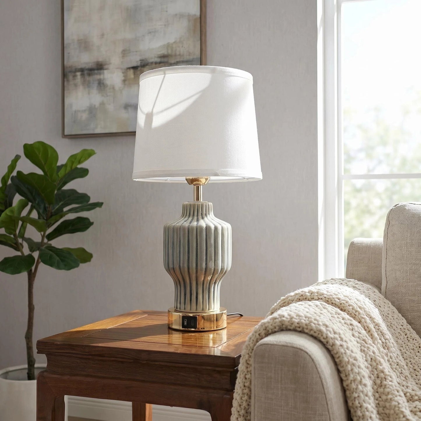 Grey Vertical Ribbed Ceramic Table Lamp with USB Charging Port, Linen Shade Modern Farmhouse Bedside Lamp for Neutral Bedroom Living Room Decor