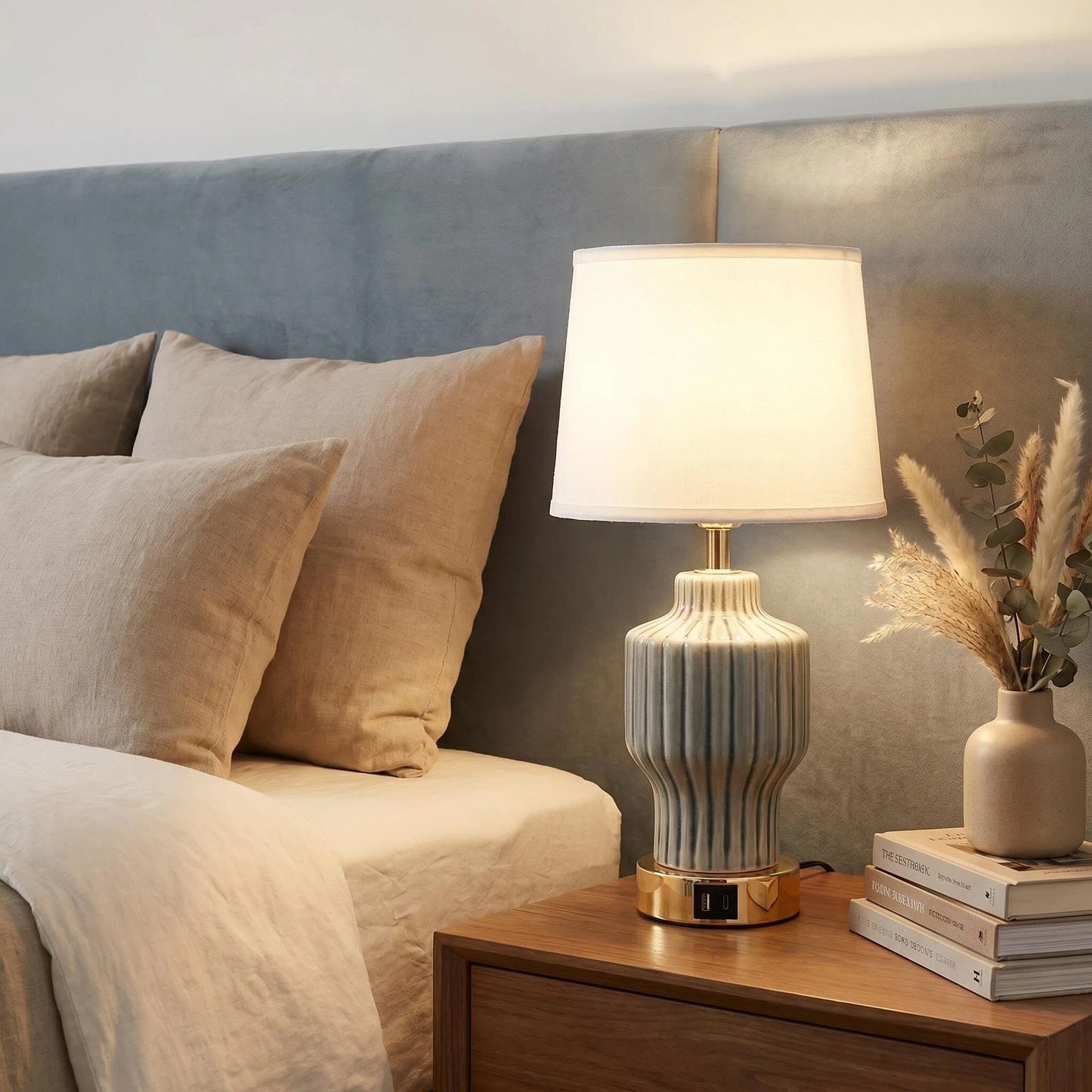 Grey Vertical Ribbed Ceramic Table Lamp with USB Charging Port, Linen Shade Modern Farmhouse Bedside Lamp for Neutral Bedroom Living Room Decor
