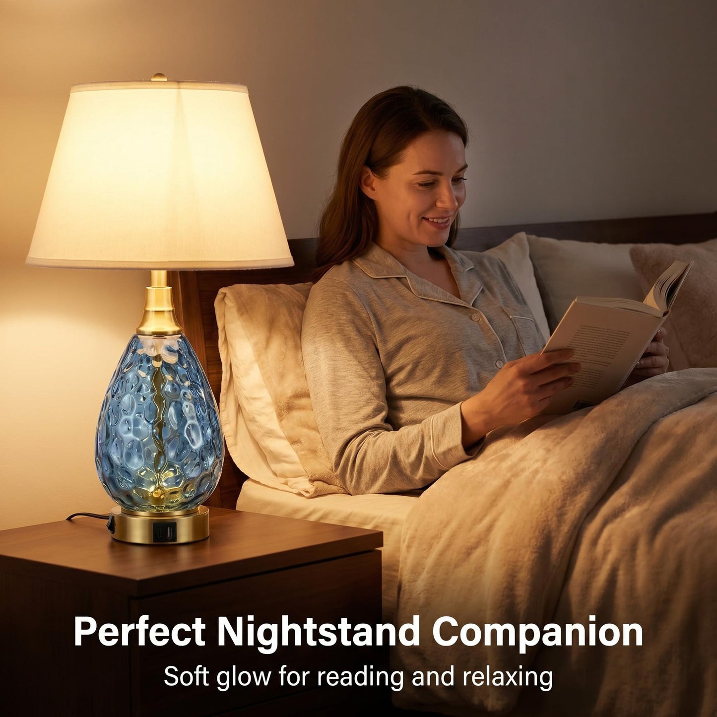 Water Wave Blue Glass Table Lamp, Luxury Gold Base Nightstand Lamp Dimmable Accent Lighting for Hotel & Home Decor