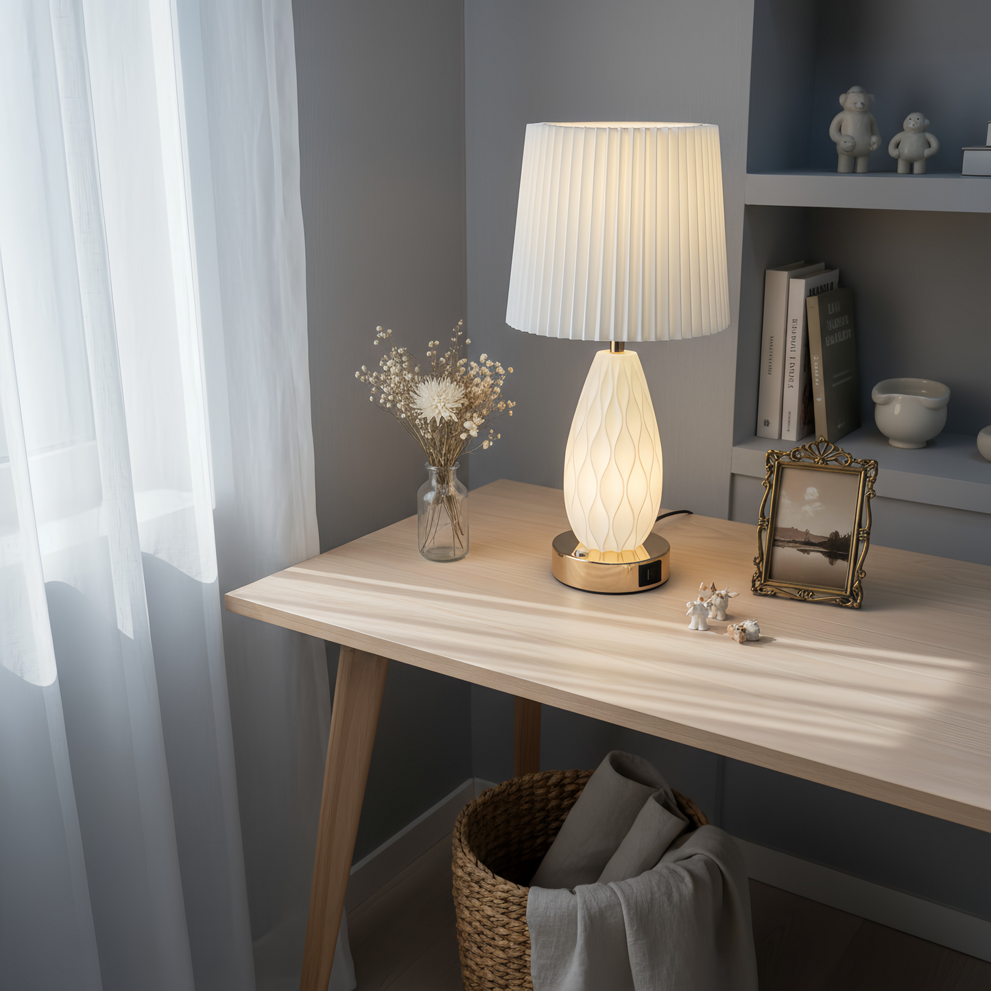 Minimalist White Wavy Glass Table Lamp with Pleated Fabric Shade, Modern Warm Glow Bedside Nightstand Lamp for Bedroom Decor