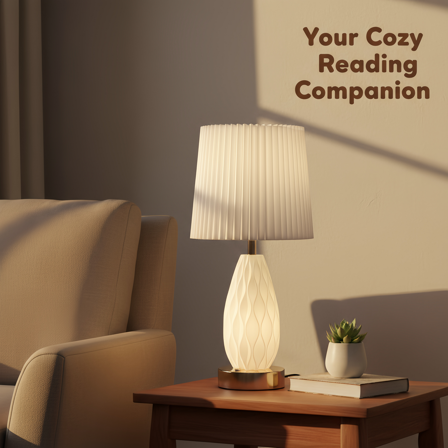Minimalist White Wavy Glass Table Lamp with Pleated Fabric Shade, Modern Warm Glow Bedside Nightstand Lamp for Bedroom Decor