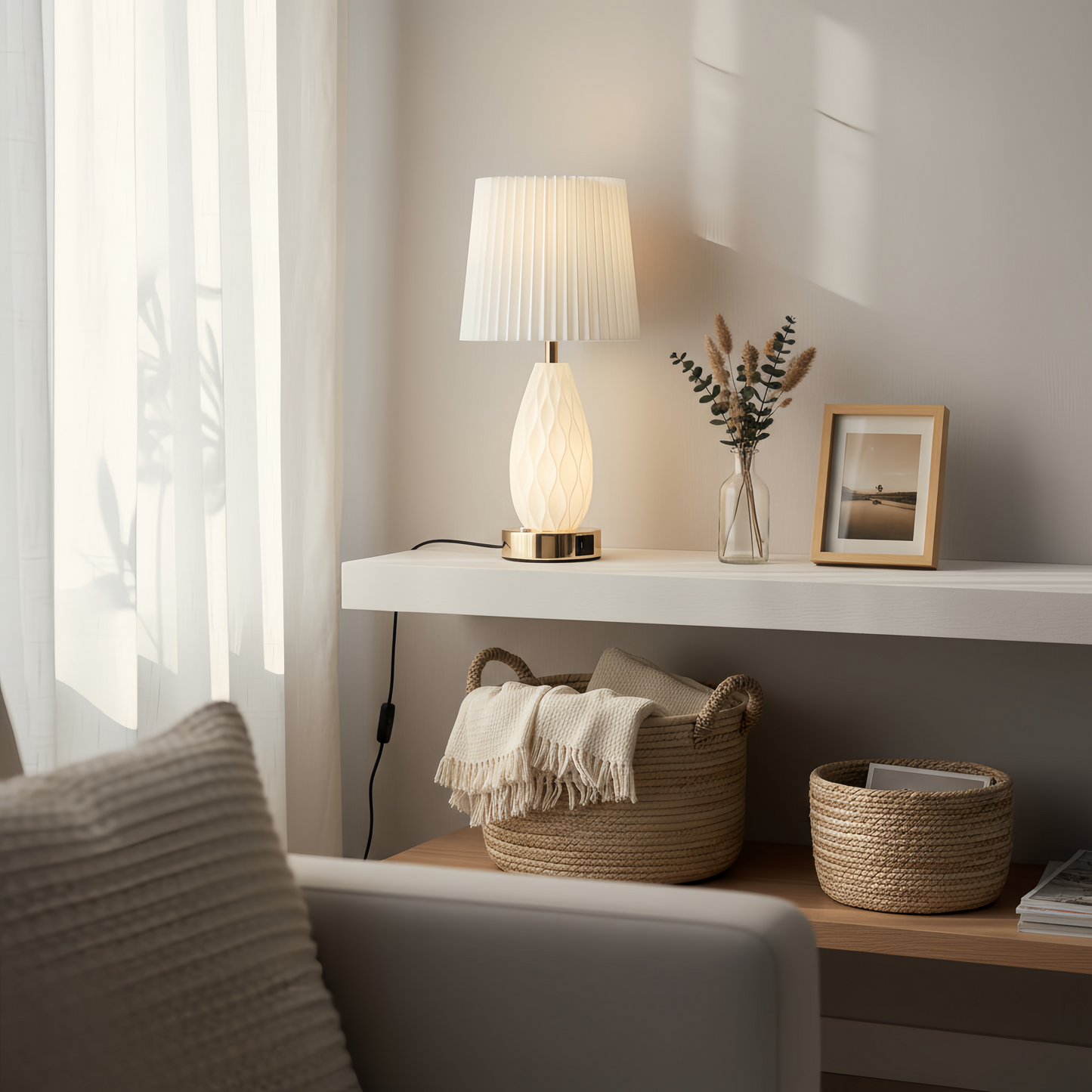 Minimalist White Wavy Glass Table Lamp with Pleated Fabric Shade, Modern Warm Glow Bedside Nightstand Lamp for Bedroom Decor