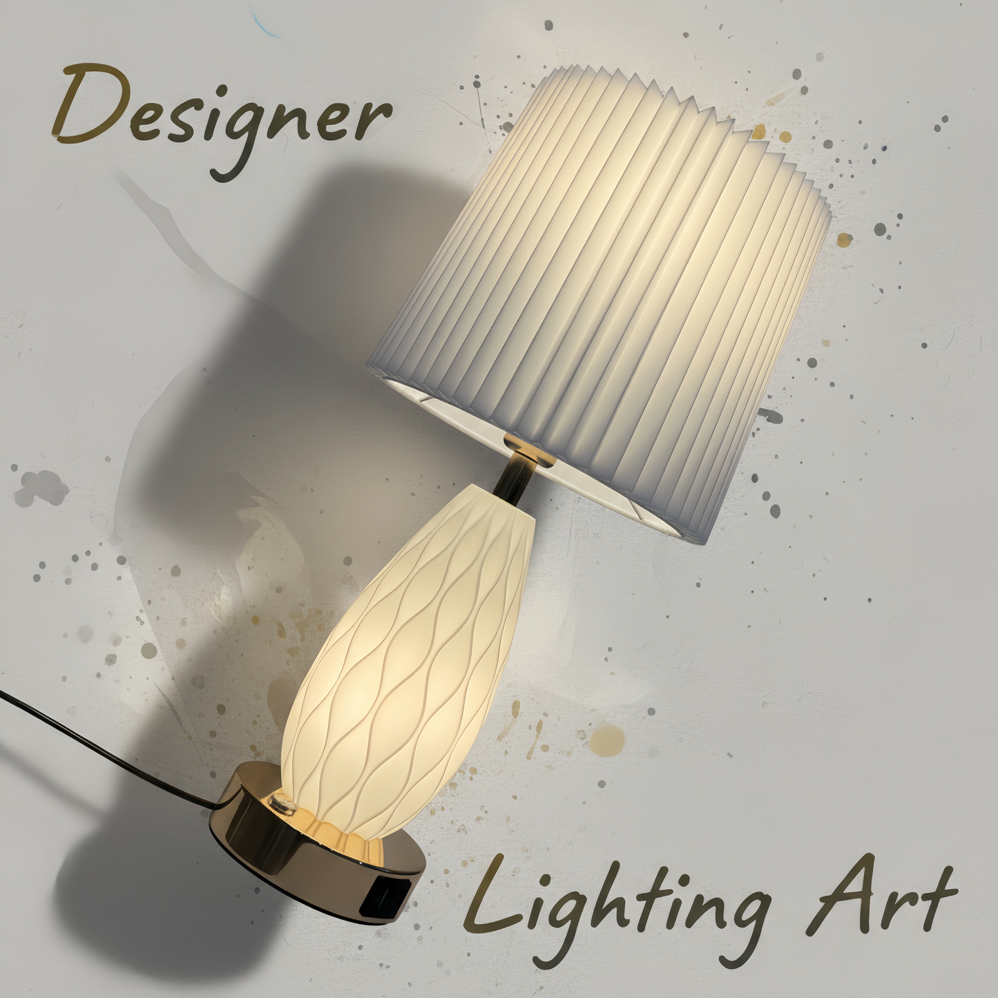 Minimalist White Wavy Glass Table Lamp with Pleated Fabric Shade, Modern Warm Glow Bedside Nightstand Lamp for Bedroom Decor