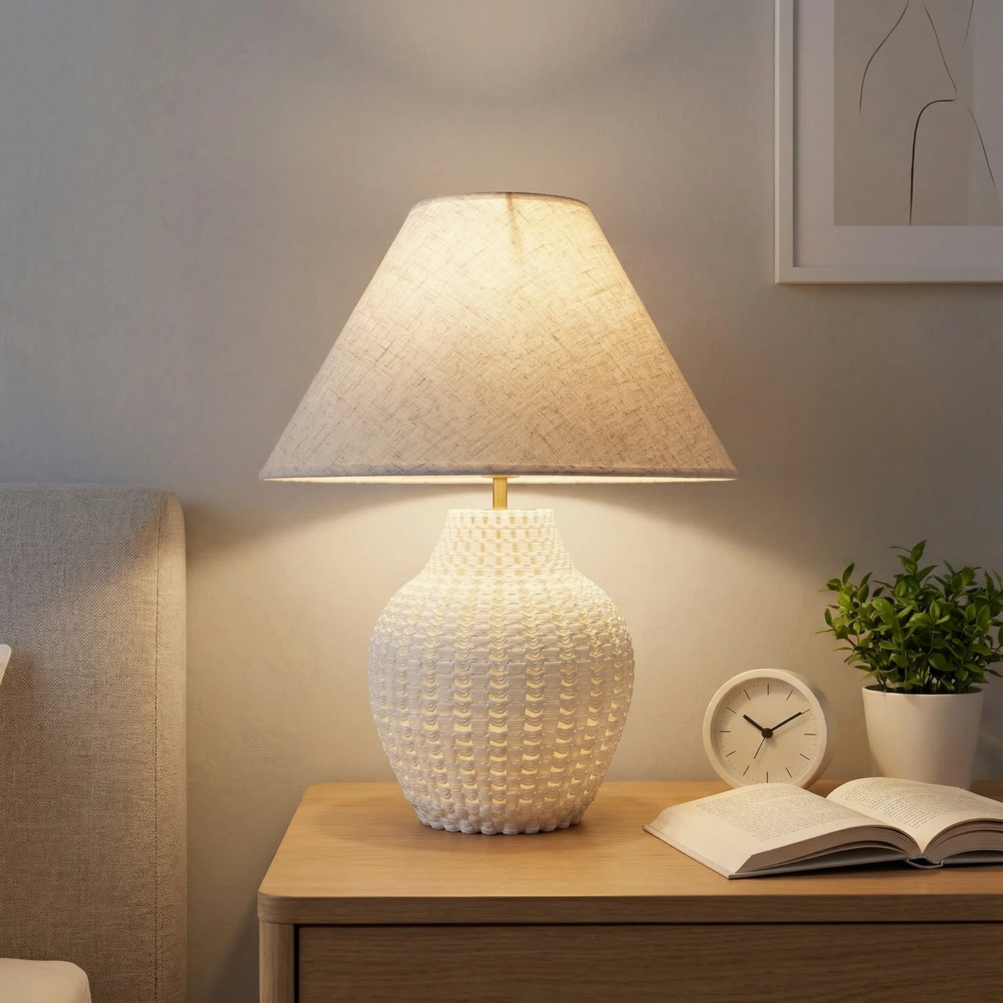 Textured Glazed Ceramic Accent Lamp, Soft Linen Shade Bedside Decor Lamp
