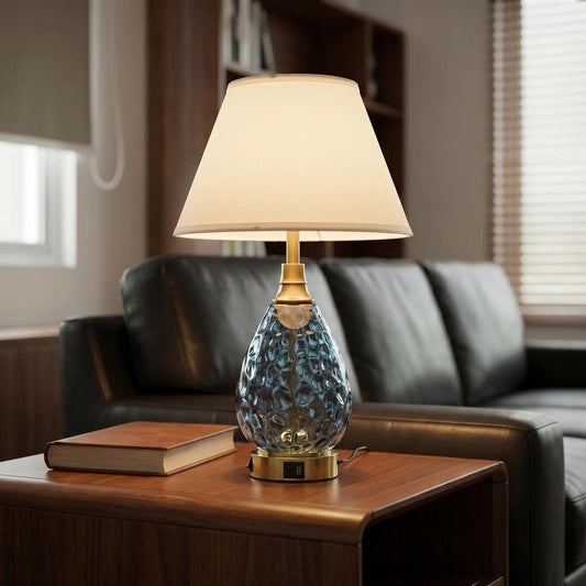 Water Wave Blue Glass Table Lamp, Luxury Gold Base Nightstand Lamp Dimmable Accent Lighting for Hotel & Home Decor