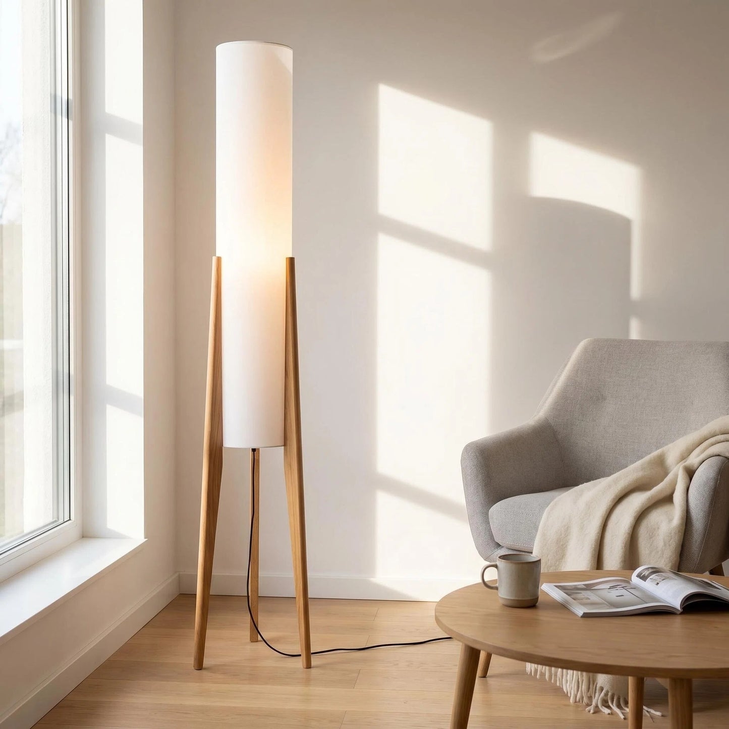 Tripod Wood Floor Lamp with White Cylinder Fabric Shade, Minimalist Japanese Standing Lamp for Living Room Bedroom Wabi-Sabi Decor