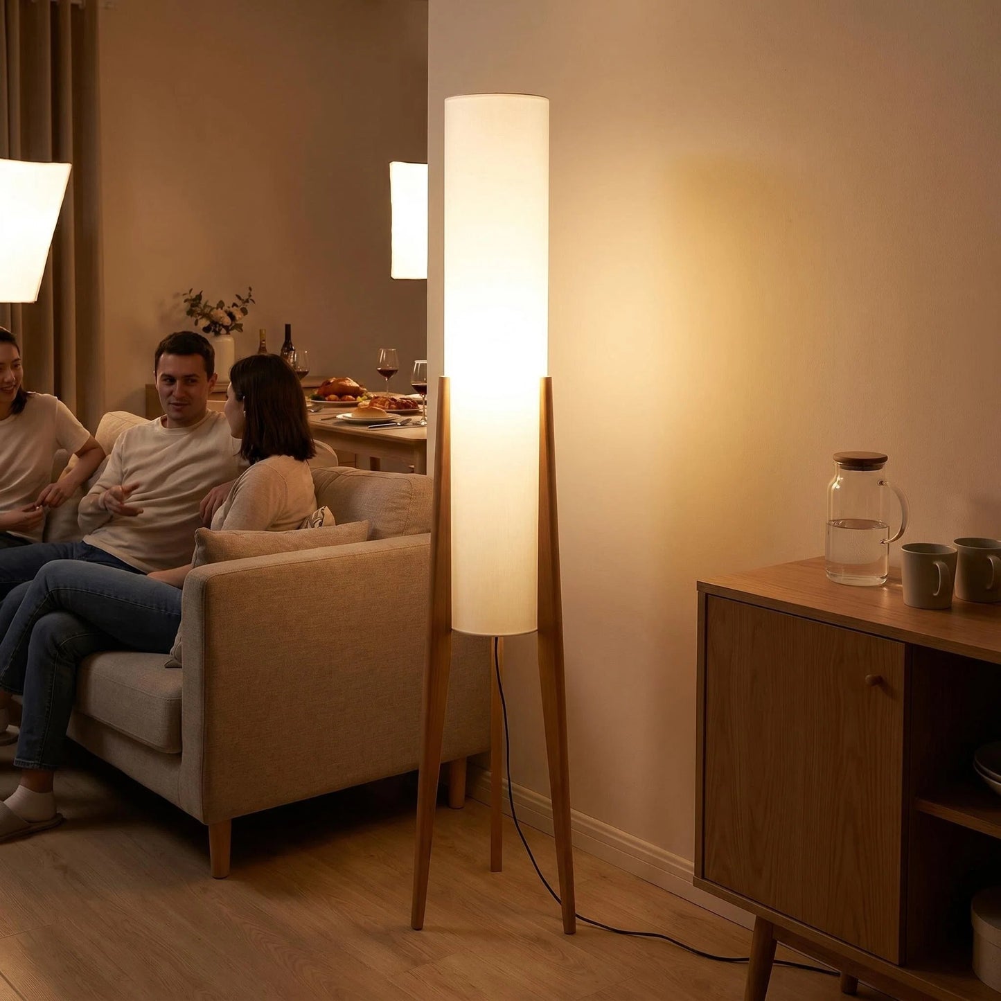 Tripod Wood Floor Lamp with White Cylinder Fabric Shade, Minimalist Japanese Standing Lamp for Living Room Bedroom Wabi-Sabi Decor