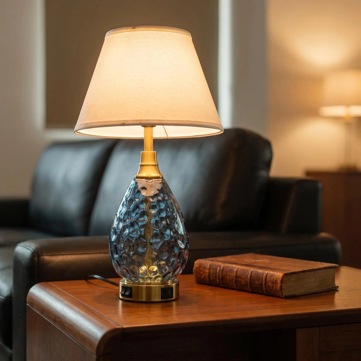 Water Wave Blue Glass Table Lamp, Luxury Gold Base Nightstand Lamp Dimmable Accent Lighting for Hotel & Home Decor