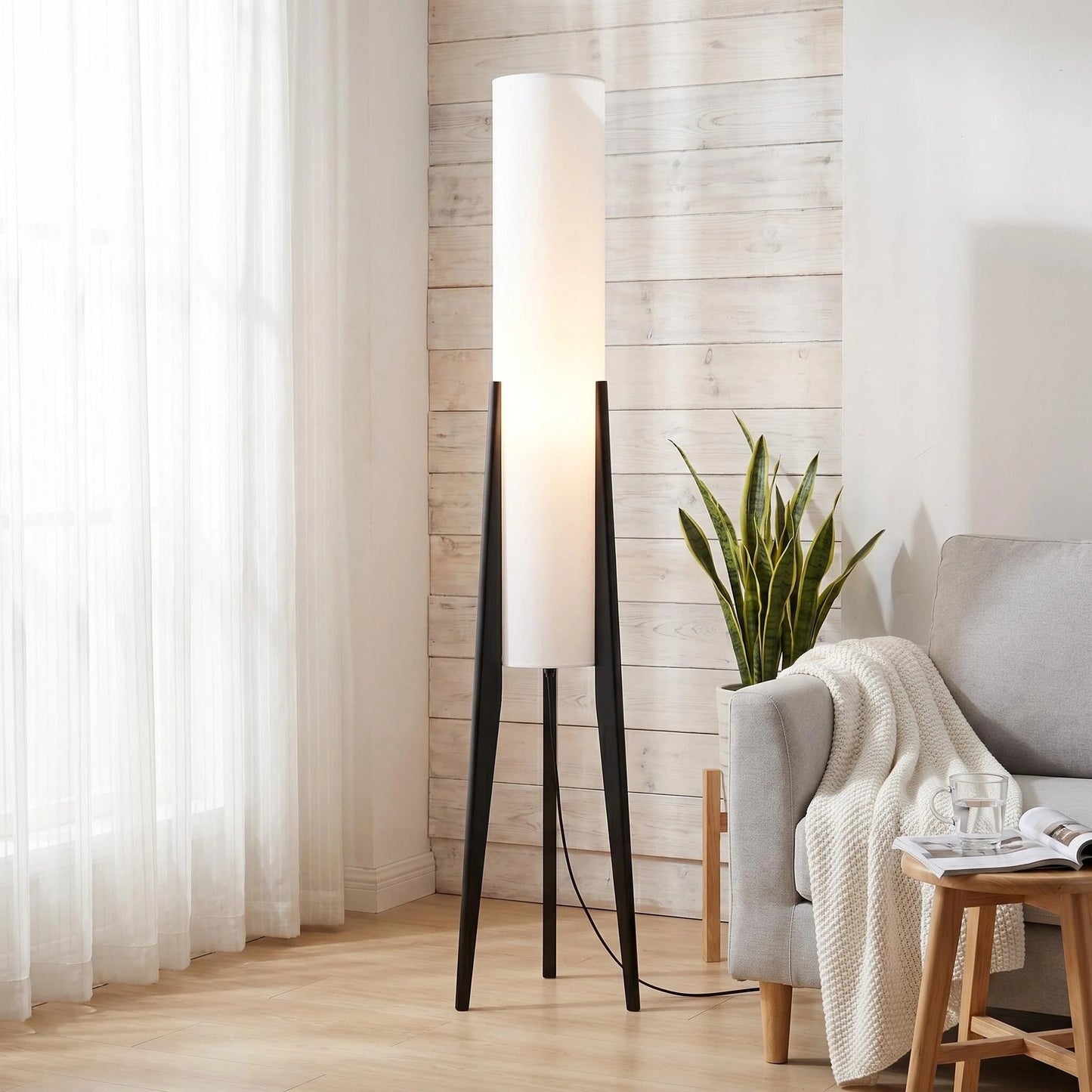 Tripod Wood Floor Lamp with White Cylinder Fabric Shade, Minimalist Japanese Standing Lamp for Living Room Bedroom Wabi-Sabi Decor
