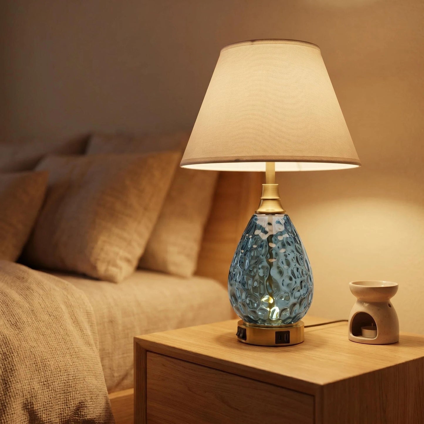 Water Wave Blue Glass Table Lamp, Luxury Gold Base Nightstand Lamp Dimmable Accent Lighting for Hotel & Home Decor