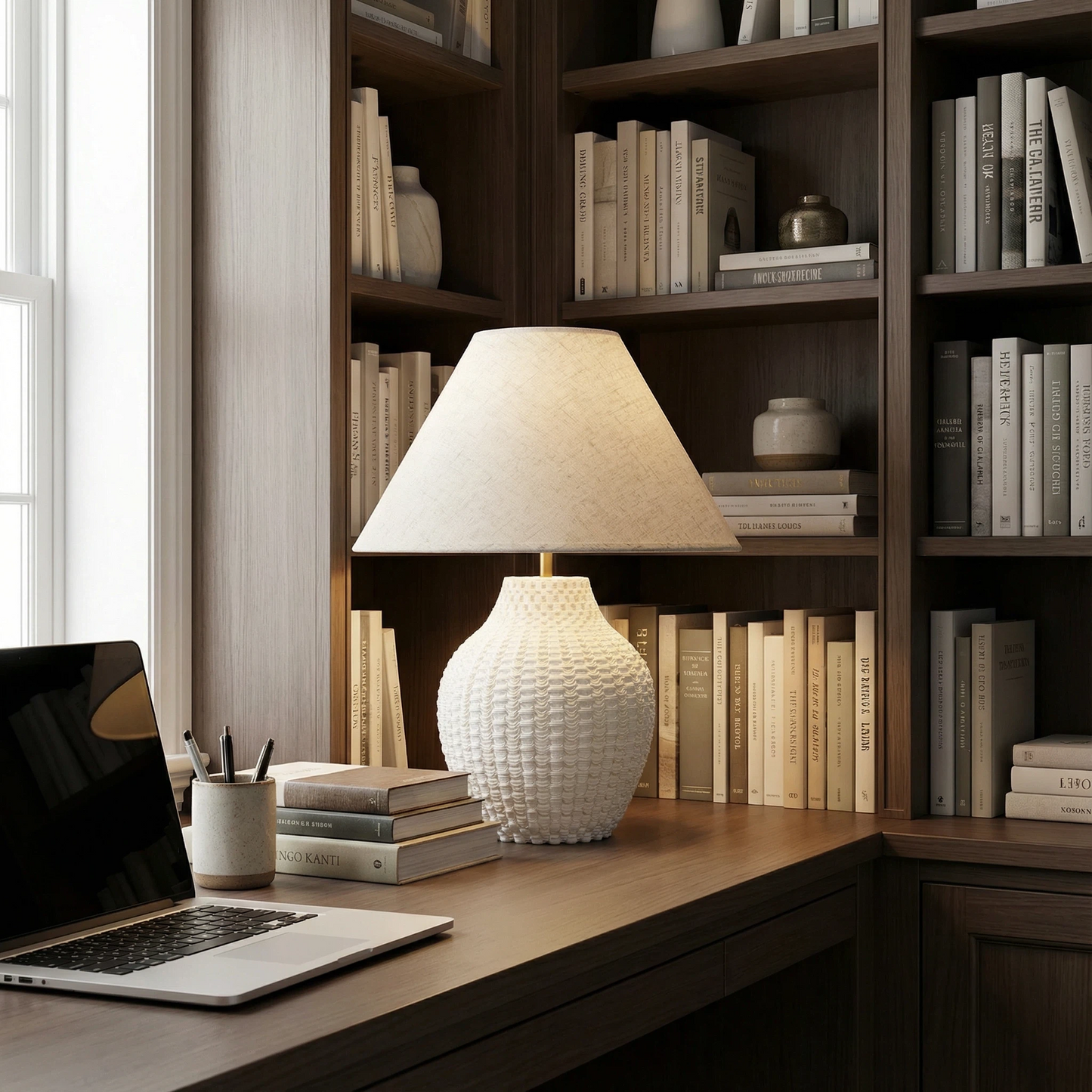 Textured Glazed Ceramic Accent Lamp, Soft Linen Shade Bedside Decor Lamp